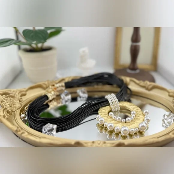 Statement Pendant Necklace | Multi-Strand Black Cord with Gold & Pearl Accents - Picture 5 of 12